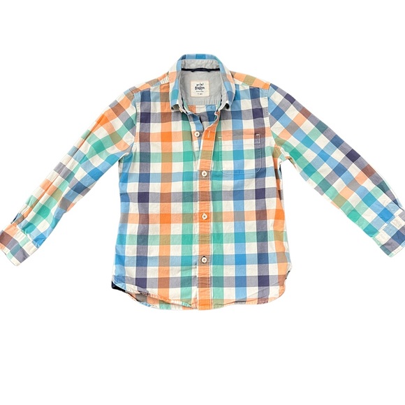 Mini Boden Other - Mini Boden Boys Blue green orange Plaid Check Button Up Size 7-8y